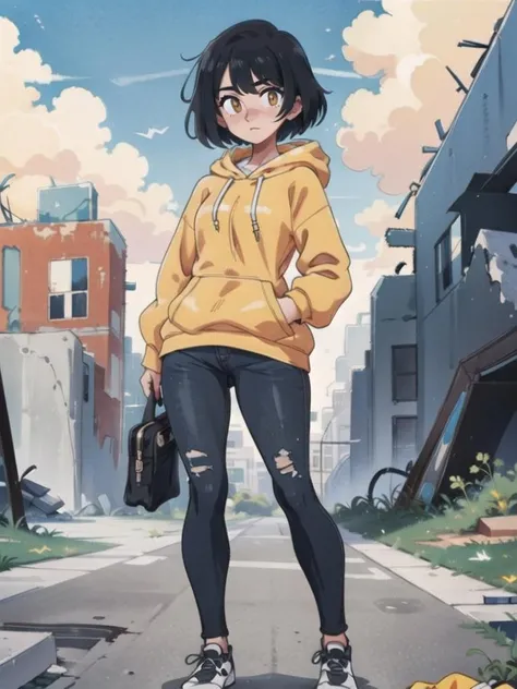 (best quality, masterpiece:1.1), 1girl, black hair, yellow hoodie, (ruins:1.2), abandoned city, outdoors, <lora:BrushlineV1:0.7>