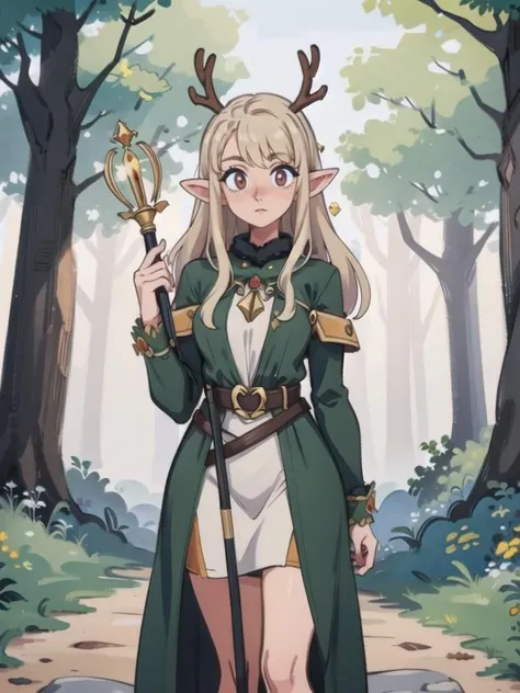 (best quality, masterpiece, illustration:1.1), woman in a forest holding a staff, kingdom of elves, young woman with antlers, on forest path, <lora:BrushlineV1:0.6>
