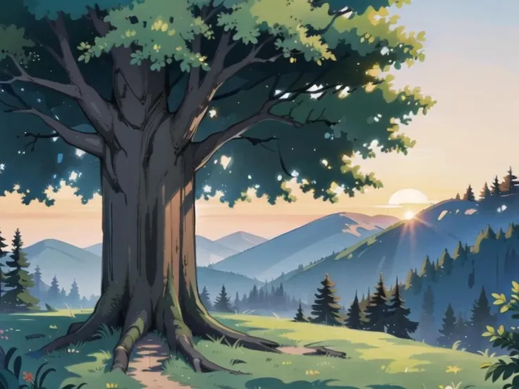 (best quality, masterpiece, illustration:1.1), forest, sunrise, giant tree, <lora:BrushlineV1:0.6>