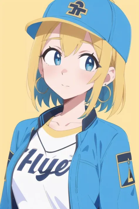 (best quality, masterpiece, illustration:1.1), 1girl, aqua eyes, baseball cap, blonde hair, closed mouth, earrings, green background, hat, hoop earrings, jewelry, looking at viewer, shirt, short hair, simple background, solo, upper body, yellow shirt, <lora:BrushlineV2:0.8>