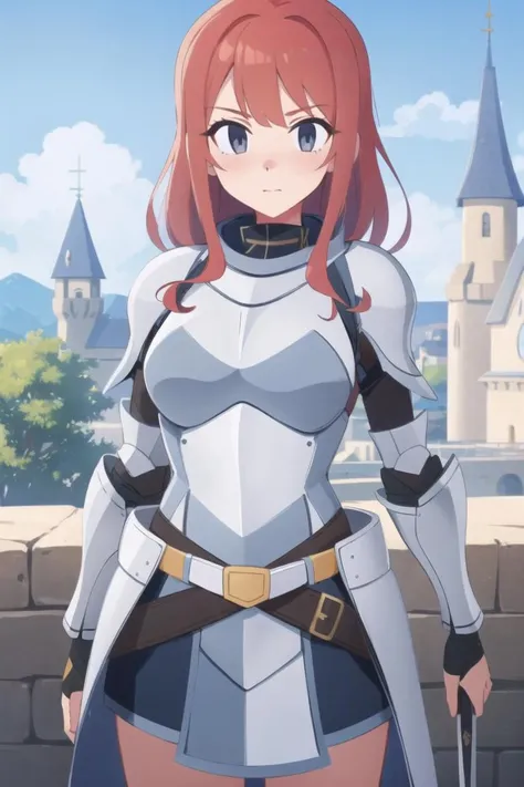 (best quality, masterpiece, illustration:1.1), 1girl, female knight, full metal armor, red hair, grey eyes, holding sword, castle, sidelighting, (cowboy shot:1.2), <lora:BrushlineV2:0.8>