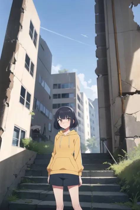 (best quality, masterpiece:1.1), 1girl, black hair, yellow hoodie, (ruins:1.2), abandoned city, outdoors, <lora:BrushlineV2:0.8>
