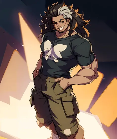 mauga_overwatch, t-shirt, cargo pants, smiling, looking at viewer, standing, hands in pocket, night <lora:Mauga:0.8>
