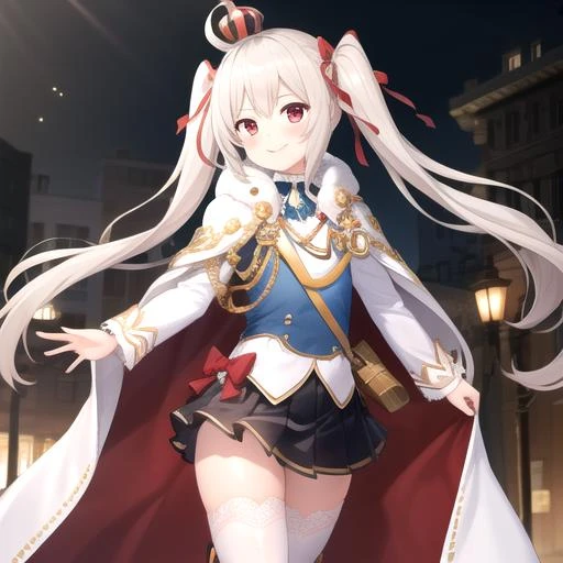 ((masterpiece)),(best quality),official art,extremely detailed CG,unity 8k wallpaper,ultra detailed,1girl,solo,cowboy shot,valiant (azur lane),ahoge,black skirt,cape,crown,fur-trimmed cape,fur trim,hair ribbon,very long hair,long sleeves,looking at viewer,miniskirt,red eyes,ribbon,rudder footwear,silver hair,smile,twintails,white shirt,white thighhighs,zettai ryouiki,<lora:Valiant(azur)>,
