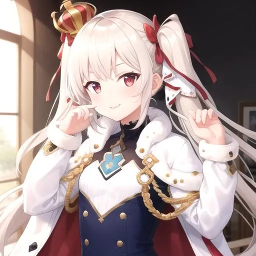((masterpiece)),(best quality),official art,extremely detailed CG,unity 8k wallpaper,ultra detailed,1girl,solo,upper body,(portrait:1.2),valiant (azur lane),ahoge,black skirt,cape,crown,fur-trimmed cape,fur trim,hair ribbon,very long hair,long sleeves,looking at viewer,miniskirt,red eyes,ribbon,rudder footwear,silver hair,smile,twintails,white shirt,white thighhighs,zettai ryouiki,<lora:Valiant(azur)>,