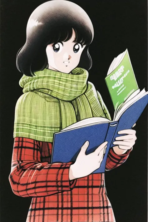 <lora:Adachi:1.0>,1girl, solo, black hair, book, upper body, white background, simple background, holding book, holding, sweater, long sleeves, scarf, leaf, black eyes, open book, red scarf, long hair, plaid, looking at viewer, cropped torso, plaid scarf