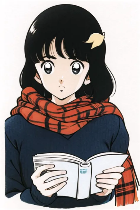 <lora:Adachi:1.0>,1girl, solo, black hair, book, upper body, white background, simple background, holding book, holding, sweater, long sleeves, scarf, leaf, black eyes, open book, red scarf, long hair, plaid, looking at viewer, cropped torso, plaid scarf