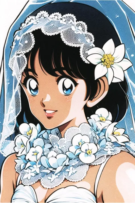 <lora:Adachi:0.9>,1girl, solo, flower, retro artstyle, veil, short hair, black hair, hair ornament, white background, simple background, hair flower, 1980s (style), white flower, bridal veil, upper body, blue eyes, smile, dress, wedding dress, portrait