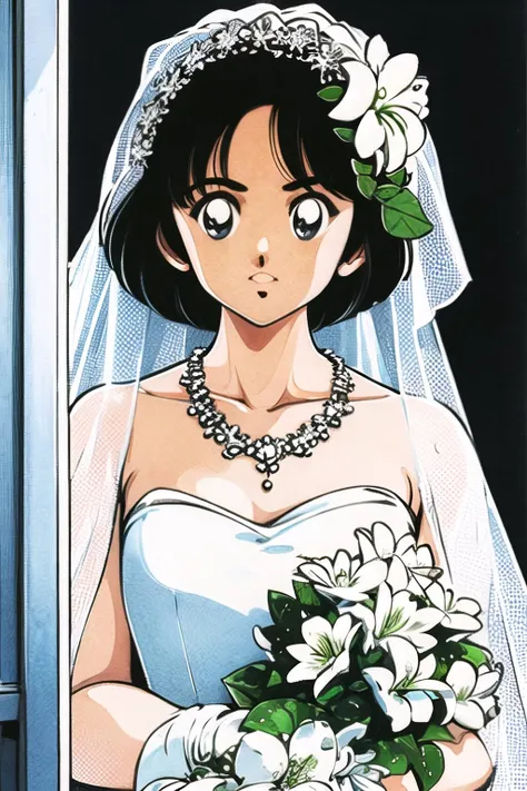 <lora:Adachi:0.9>,1girl, jewelry, solo, flower, necklace, black hair, dress, short hair, hair ornament, veil, hair flower, white flower, wedding dress, window, black eyes, leaf, upper body, white dress, pearl necklace, looking at viewer, bride, traditional media, bridal veil