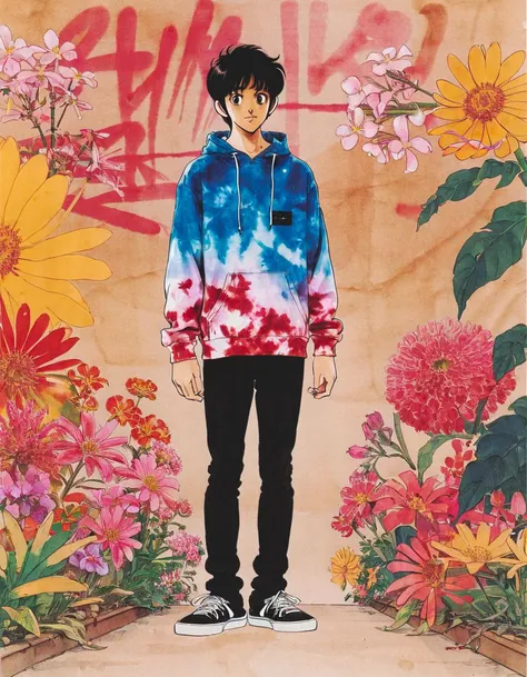 anime artwork, 1boy, Dressed in a vibrant, tie-dye hoodie with black skinny jeans and skate shoes for a laid-back vibe, 1980s style, brown eyes, by artist mitsuru adachi, framed by an intricate backdrop of Sakurasou (Primrose) flowers in various shades
