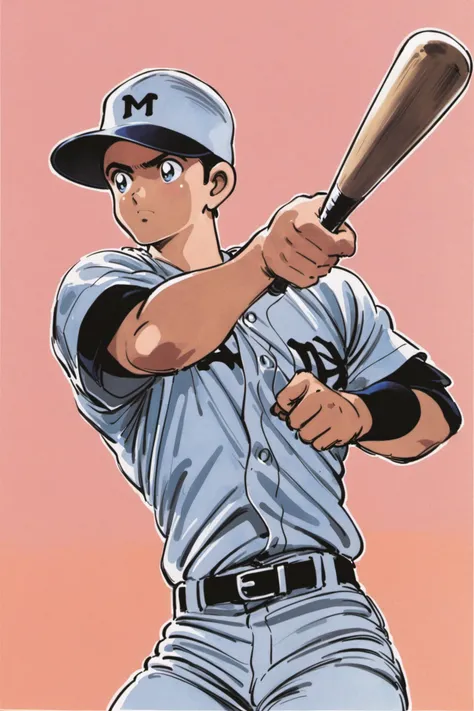 1boy, baseball bat, baseball uniform, male focus, sportswear, helmet, holding baseball bat, white pants, holding, hat, pants, solo, baseball cap, baseball, cowboy shot, black hair, traditional media, fence, outdoors, belt, crowd, <lora:Adachi_XL:0.8>