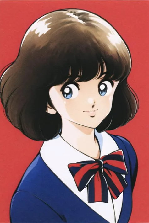 <lora:Adachi:0.9>,1girl, solo, black hair, bow, white background, retro artstyle, blue eyes, simple background, striped, shirt, bowtie, short hair, striped bow, white shirt, looking at viewer, school uniform, portrait, upper body, red bow, bob cut, smile, bangs