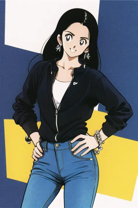 1girl, black hair, solo, long hair, jewelry, earrings, bracelet, hand on hip, smile, looking at viewer, pants, <lora:Adachi:0.9>,