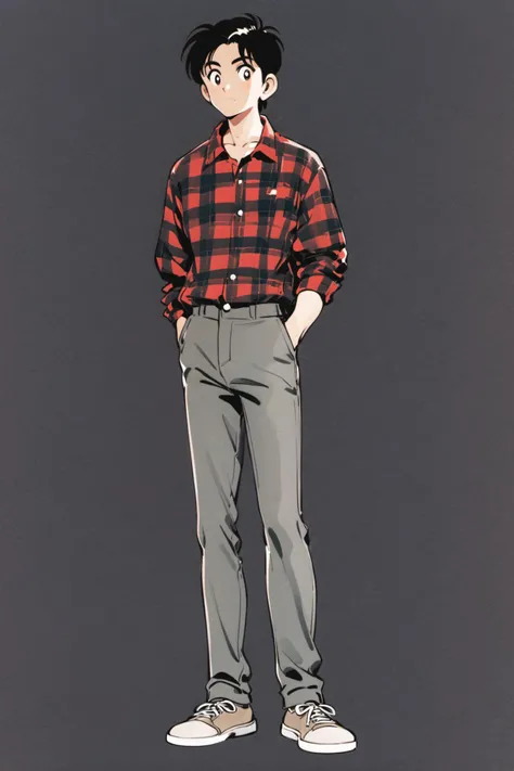 solo, 1boy, male focus, black hair, jacket, shoes, pants, shirt, full body, plaid, hands in pockets, simple background, plaid shirt, grey pants, standing, white background, <lora:Adachi_XL:0.8>