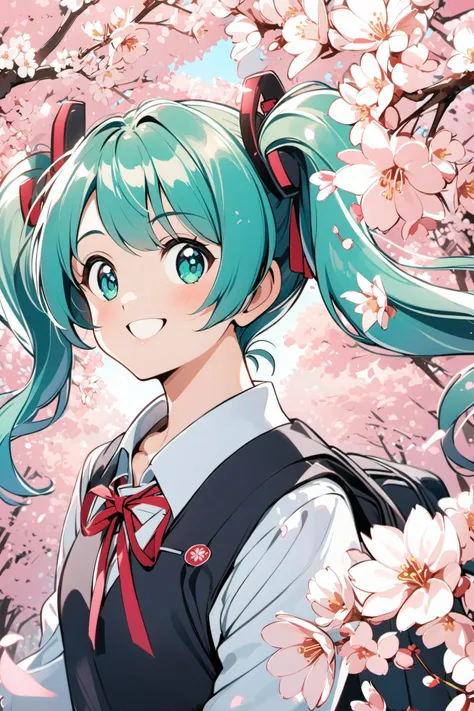 1girl, solo, hatsune miku, school uniform, green hair,cherry blossoms, cherry hair ornament, hanami, sakura,smile,looking at viewer, <lora:Adachi_XL:0.8>