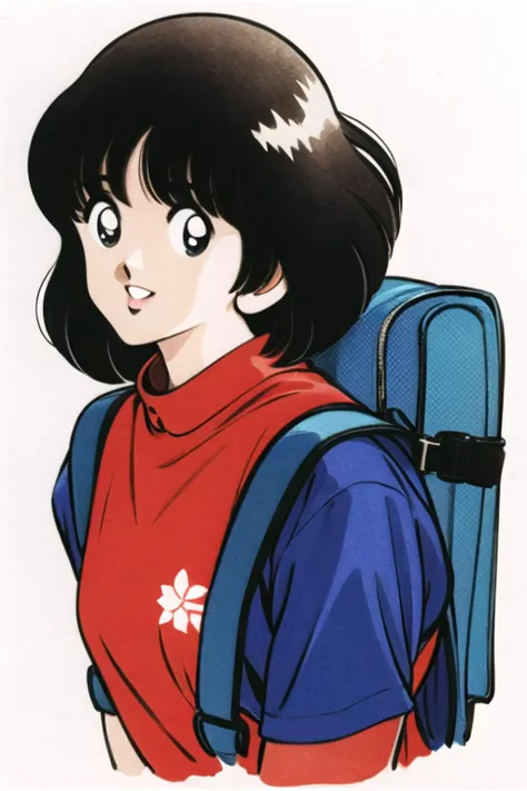 <lora:Adachi:1.0>,solo, black hair, bag, 1girl, backpack, short hair, smile, upper body, looking at viewer, white background, shirt, simple background, parted lips, short sleeves, red shirt, retro artstyle, bangs, black eyes