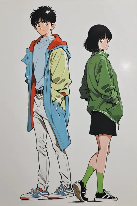 1girl, 1boy, black hair, pants, socks, looking back, skirt, shoes, jacket, black skirt, black footwear, hands in pockets, looking at viewer, simple background, long sleeves, white footwear, white background, standing, plaid, short hair, full body, bangs, smile, from behind, green jacket, blue jacket, shirt, black eyes, kneehighs, white pants, sneakers, bob cut, traditional media, <lora:Adachi_XL:0.8>