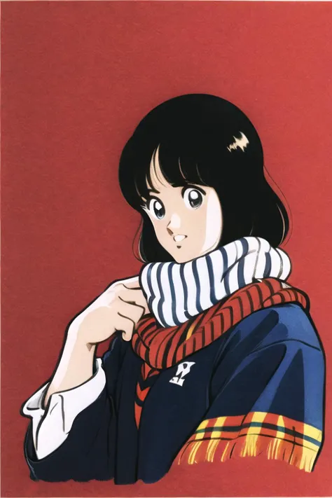 <lora:Adachi:1.0>,solo, 1girl, scarf, black hair, striped scarf, striped, black eyes, upper body, white background, simple background, sweater, red scarf, animification, hogwarts school uniform
