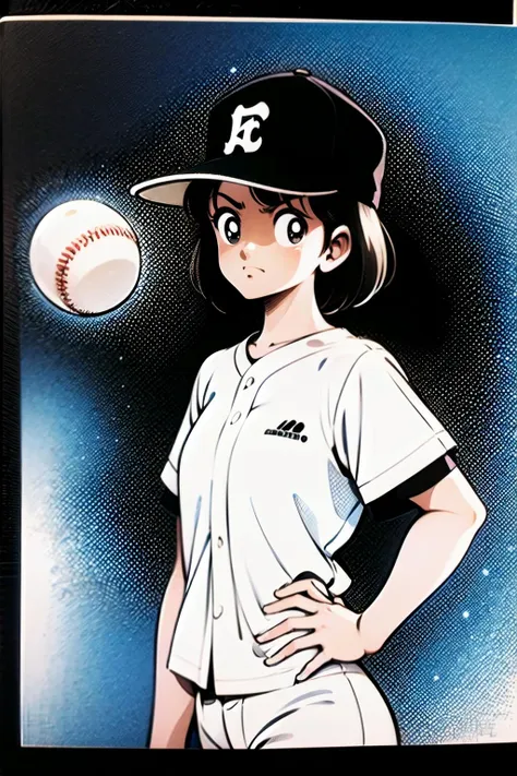 best quality, 1girl, short hair, black eyes, bangs, hands on hips,  baseball cap, baseball cap, white shirt, white pants, angry, abstract background,   <lora:Adachi_v2:0.8>