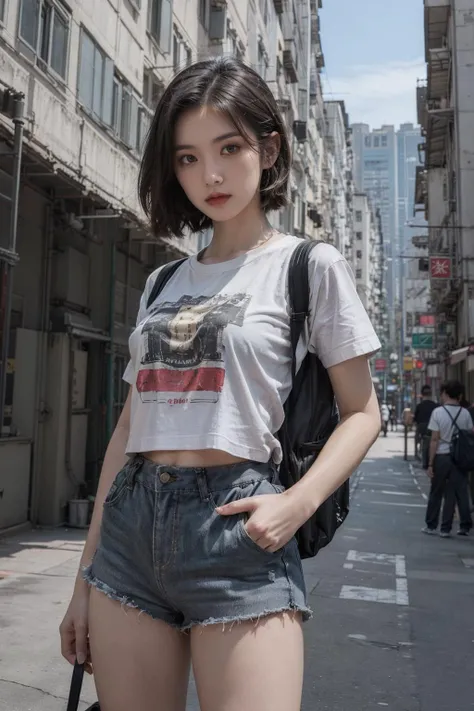 Wearing black short-sleeve，Black denim super shorts，Carrying a women's backpack，Wear sunglasses，Girl with long blue hair leans on the fence，Close-up，Beautiful view
