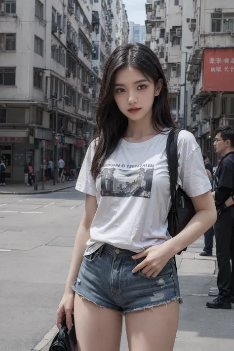 18 y.o girl,Gorgeous face,((1girl)),(black long straight hair:1.2),(realistic:1.3),finely detailed,quality,(masterpiece:1.2),(photorealistic:1.2),(best quality),(detailed skin:1.3),(intricate details),glamour magazine portrait of sks woman with (large eyes:1.2) and black hair,(in a t-shirt and short shorts:1.5),backpack,head tilted,standing in a dynamic pose in in a busy hong kong street,fashion model,dramatic lighting highly detailed,analog photo,80mm Sigma f/1.4,(long torso:1.4),long body,slim body,<lora:add_detail:0.4>,<lora:Hong Kong Old District:0.6>,