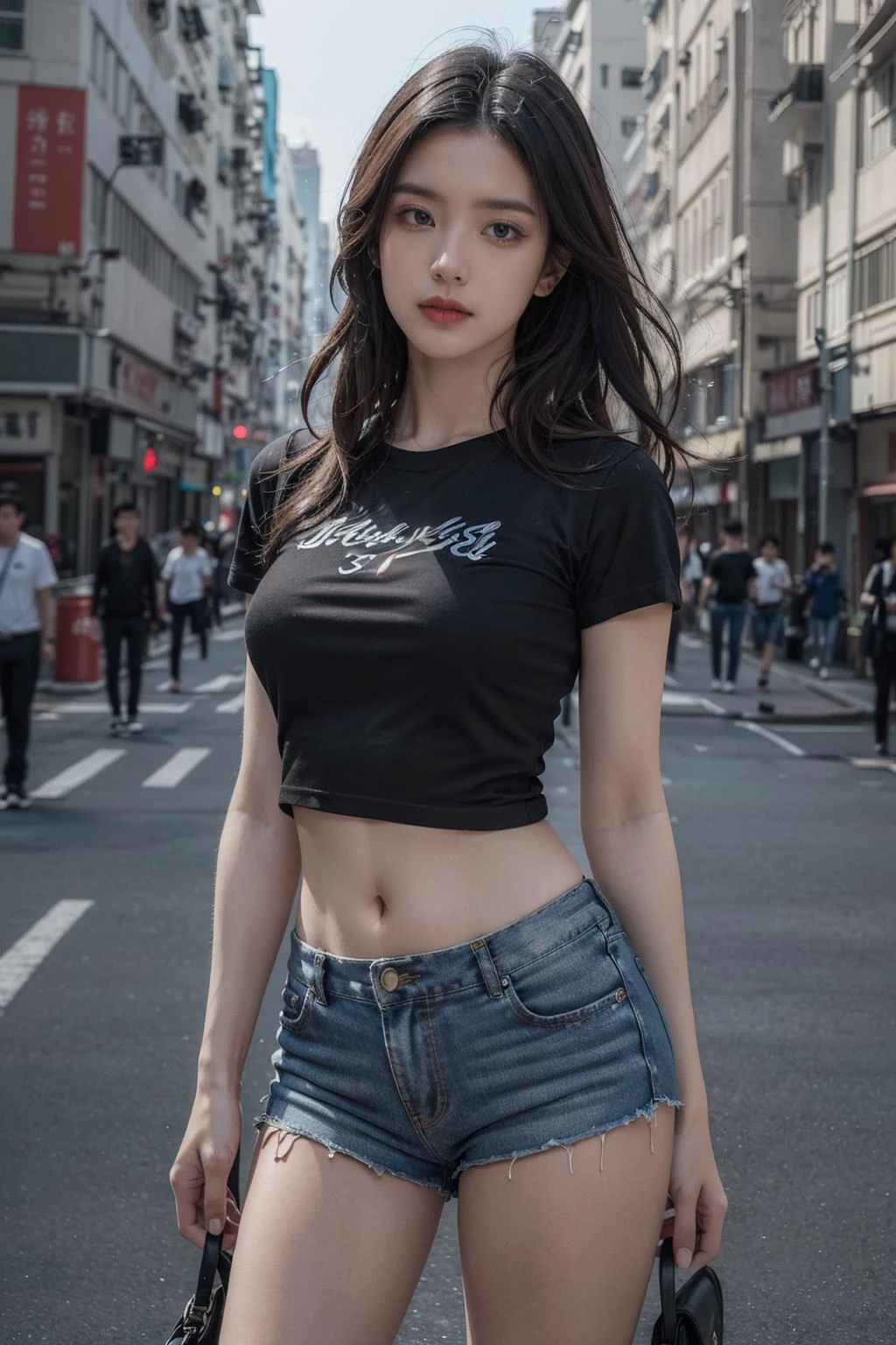 (best quality:1.4),(masterpiece:1.4),(photorealistic:1.4),(ultra high res, raw photo:1.4),(hdr, hyperdetailed:1.2),(realistic:1.3),(8K:1.2),18 y.o 1gir,finely detailed,quality,glamour magazine portrait of sks woman with and black hair,(in a t-shirt and short shorts1.5),head tilted,standing in a dynamic pose in in a busy hong kong street,fashion model,dramatic lighting highly detailed,analog photo,80mm Sigma f/1.4,(long torso:1.4),long body,slim body,<lora:Hong Kong Old District:0.4>,
