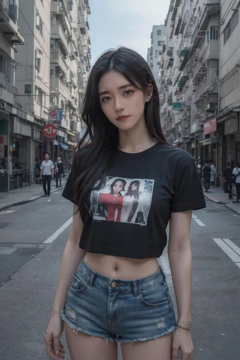 (best quality:1.4),(masterpiece:1.4),(photorealistic:1.4),(ultra high res, raw photo:1.4),(hdr, hyperdetailed:1.2),(realistic:1.3),(8K:1.2),18 y.o 1gir,finely detailed,quality,glamour magazine portrait of sks woman with and black hair,(in a t-shirt and short shorts1.5),head tilted,standing in a dynamic pose in in a busy hong kong street,fashion model,dramatic lighting highly detailed,analog photo,80mm Sigma f/1.4,(long torso:1.4),long body,slim body,<lora:Hong Kong Old District:0.4>,