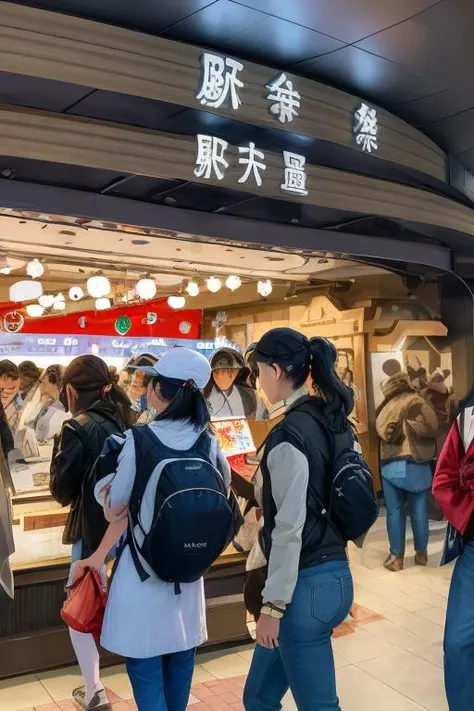 masterpiece, best quality, ultra-detailed, extremely detailed, illustration, STOKYO, STSmatsuri, exterior, bag, multiple girls, multiple boys, real world location, hat, 6+boys, coat, shop, luggage, black hair, train station, handbag, long hair, short hair, backpack, pants, crowd, jeans, 6+girls, jacket, outdoors, denim, rolling suitcase, shoes, brown hair, walking, suitcase, scarf, scenery, sneakers, shopping bag, realistic, <lora:STOKYO_matsuri_V1_1_MIDD:1>