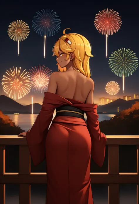 score_9, score_8_up, score_7_up, source_anime, from behind, solo, 1girl, mtblaze, dark skin, smile, looking back, ahoge, red kimono, off shoulder, black sash, bare shoulders, fireworks <lora:mobtalker_blaze_ponyXL:1>