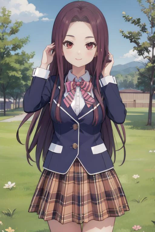 <lora:sakakiryouko-nvwls-v1:1>, sakaki ryoko, blue blazer, bowtie, plaid skirt, smiling, on a grassy hill, natural lighting