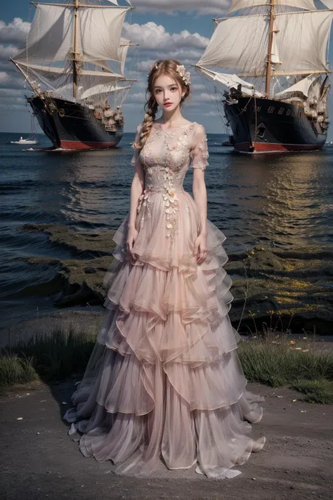 best quality,[masterpiece],((beautiful:0.75) cute girl:0.75),Professional,photo_(medium),ultra-fine painting,1girl,long hair,braid,outdoors,(front:1.3),(standing:1.3),seaside,cloudy sky,sailboat,medium_shot,
<lora:add_detail:1>,  <lora:evening dress S9:0.75> evening dress S9,flower,