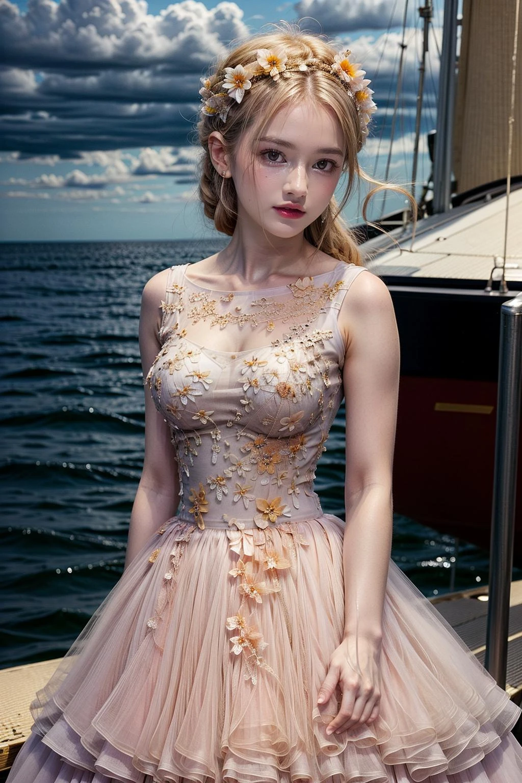 best quality,[masterpiece],((beautiful:0.75) cute girl:0.75),Professional,photo_(medium),ultra-fine painting,1girl,long hair,braid,outdoors,(front:1.3),(standing:1.3),seaside,cloudy sky,sailboat,upper body, 
<lora:add_detail:1>,  <lora:evening dress S9:0.75> evening dress S9,flower,