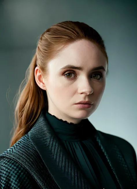portrait of skswoman, worried , wearing designer wear , with gray Choppy layers , background gothic epic (photo, studio lighting, hard light, sony a7, 50 mm, matte skin, pores, colors, hyperdetailed, hyperrealistic), <lyco:Karen Gillan:1.2>