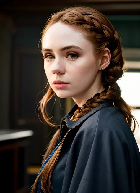 portrait of skswoman, :o , wearing runway fashion , with light brown Side braid , background kitchen epic (photo, studio lighting, hard light, sony a7, 50 mm, matte skin, pores, colors, hyperdetailed, hyperrealistic), <lyco:Karen Gillan:1.2>