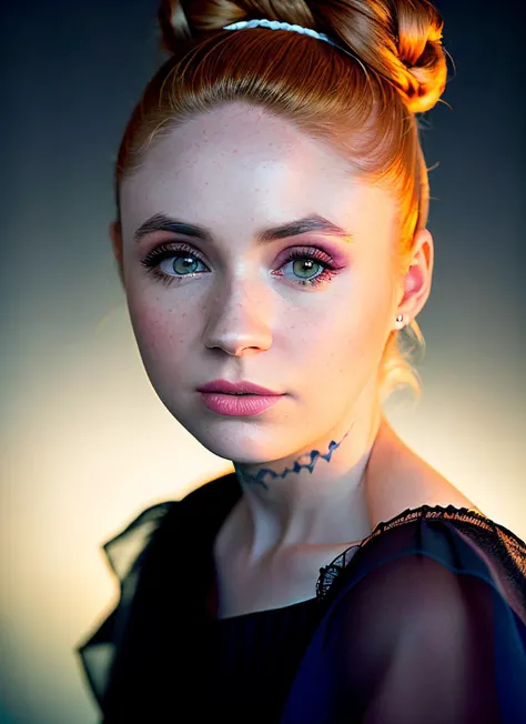 portrait of skswoman, excited , wearing organza , with blonde Top knot , background night sky epic (photo, studio lighting, hard light, sony a7, 50 mm, matte skin, pores, colors, hyperdetailed, hyperrealistic), <lyco:Karen Gillan:1.2>
