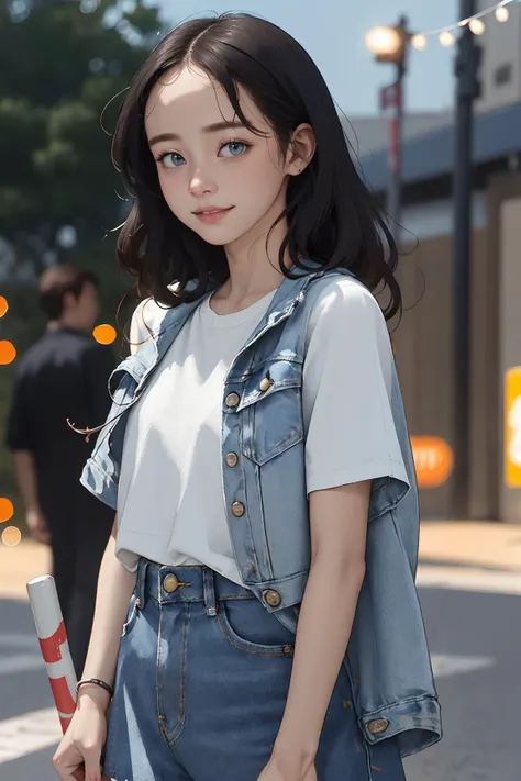 (masterpiece, best quality), depth of field,1girl, finely detailed, high detail,High quality shadow,beautiful detailed,(bokeh:1.5),taken by Canon EOS, SIGMA Art Lens 35mm F1.4, ISO 200 Shutter Speed 2000 , back lighting,
solo, outdoors, letterboxed, night, lamppost, sky, cloud, sunlight, upper body, blurry,blue sky, (high detailed skin, skin details),
Oversized_denim_jacket, white_t-shirt, light_wash_mom_jeans, chunky_sneakers,
medium breasts,looking at viewer, , long hair , short sleeves, parted lips, shirt , light smile,