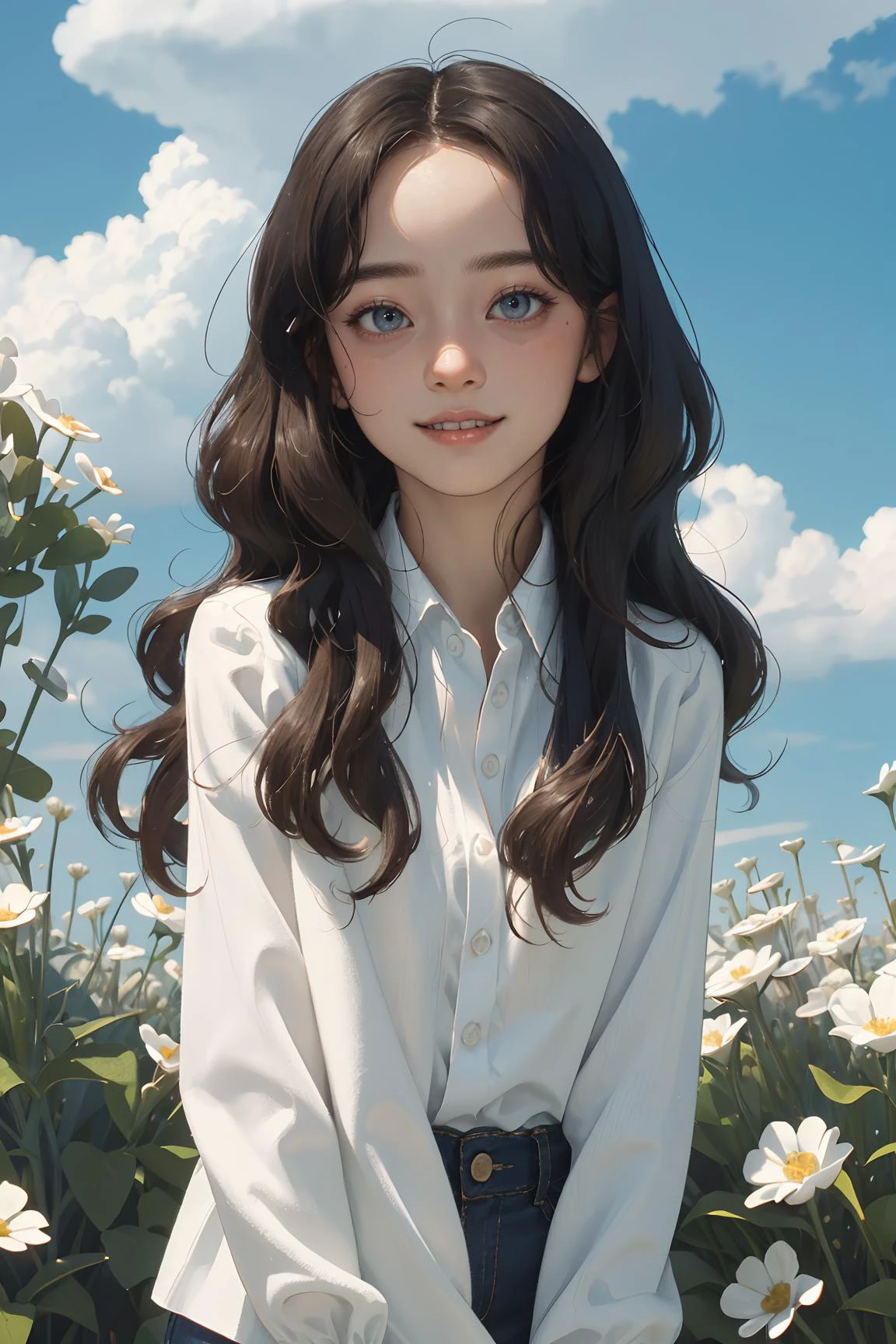 (masterpiece, best quality),1girl, solo, outdoors, letterboxed, day, sky, looking at viewer, cloud, brown eyes,
light wavy hair,two-tone hair,collared shirt,halterneck, upper body, blue sky, depth of field, light smile,