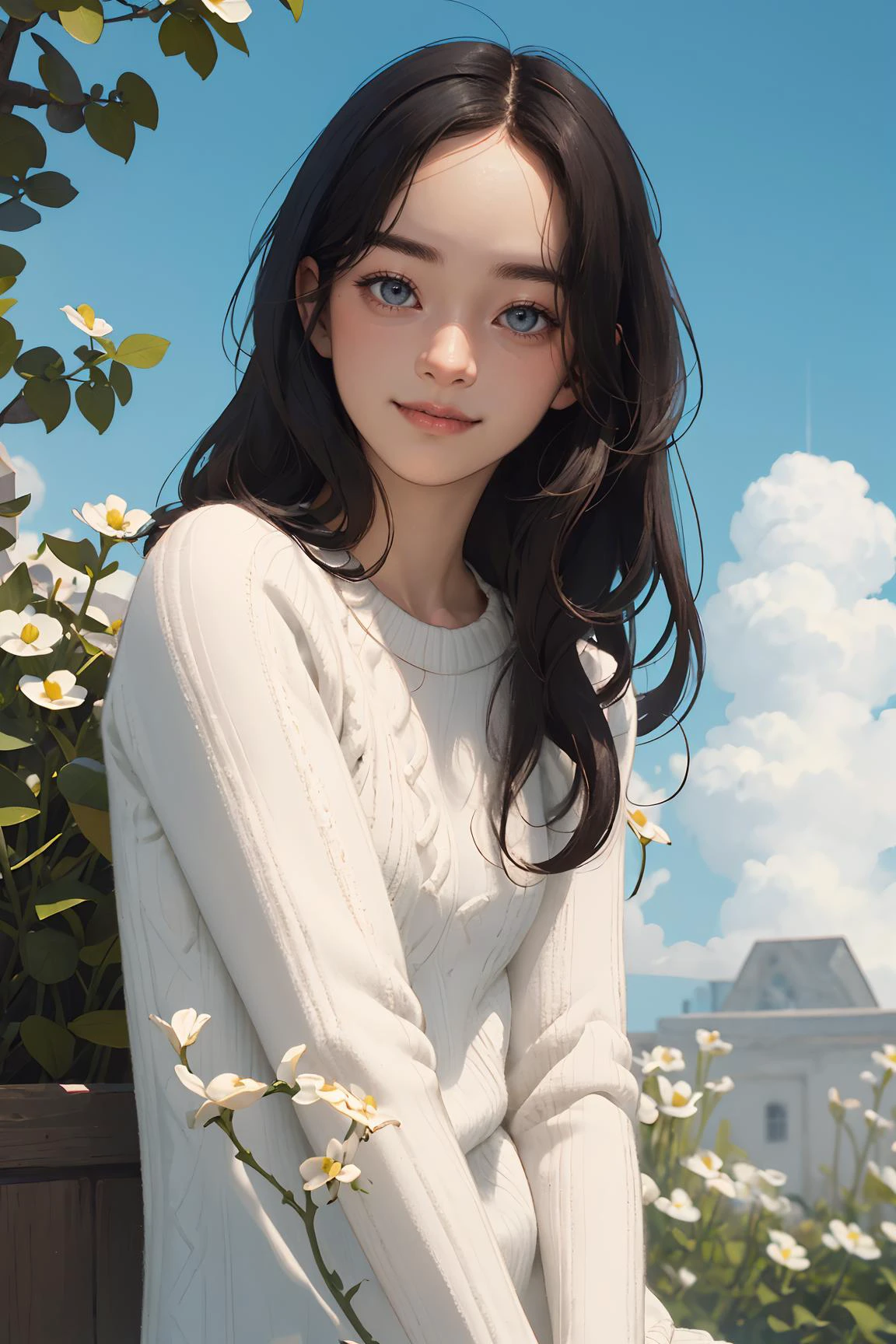 (masterpiece, best quality),1girl, solo, outdoors, letterboxed, day, sky, looking at viewer, cloud, brown eyes,
straight hair,ombre,ribbed sweater,dress shirt, upper body, blue sky, depth of field, light smile,