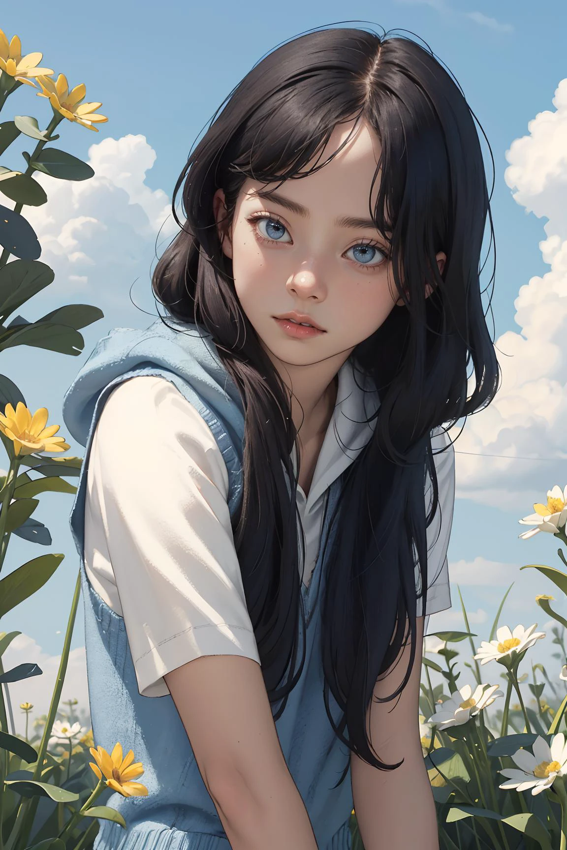 (masterpiece, best quality),1girl, solo, flower, long hair, outdoors, letterboxed, school uniform, day, sky, looking at viewer, short sleeves, parted lips, shirt, cloud,
light wavy hair,streaked hair,hoodie,sweater vest, upper body, blue sky, depth of field