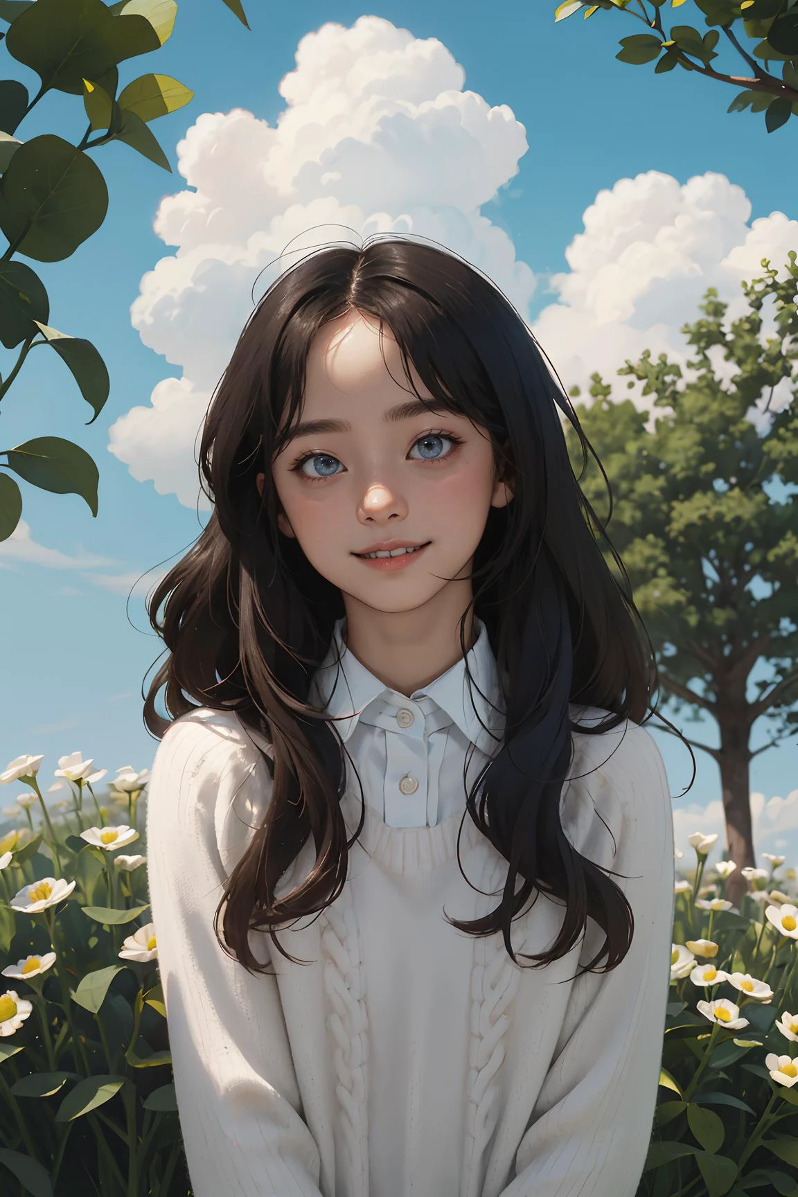 (masterpiece, best quality),1girl, solo, outdoors, letterboxed, day, sky, looking at viewer, cloud, brown eyes,
flipped hair,sombre,sweater dress,collared shirt, upper body, blue sky, depth of field, light smile,