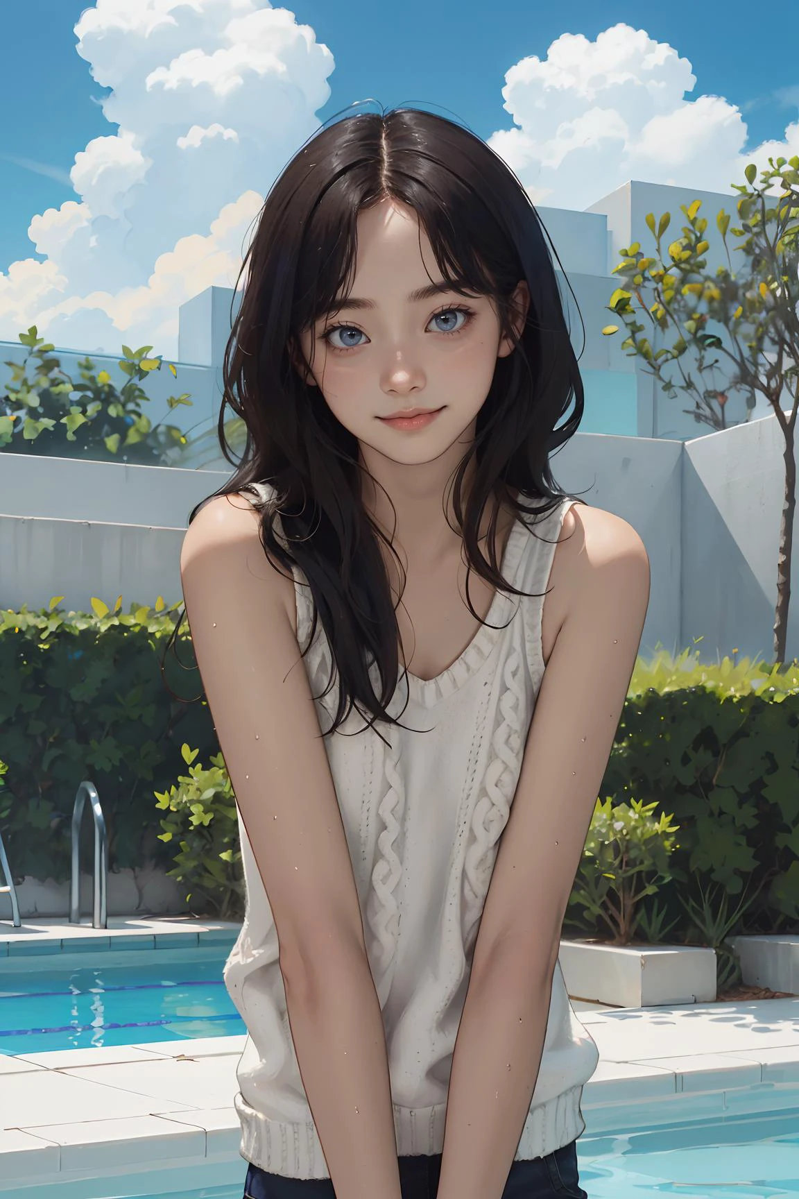 (masterpiece, best quality),1girl, solo, outdoors, letterboxed, day, sky, looking at viewer, cloud, brown eyes,
messy hair,sombre,tank top,aran sweater, poolside , upper body, blue sky, depth of field, light smile,