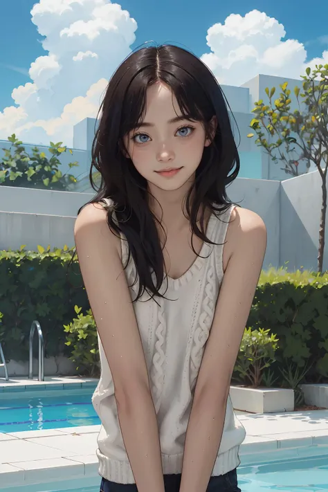 (masterpiece, best quality),1girl, solo,  outdoors, letterboxed, day, sky, looking at viewer, cloud, brown eyes, 
messy hair,sombre,tank top,aran sweater, poolside ,  upper body, blue sky, depth of field, light smile,