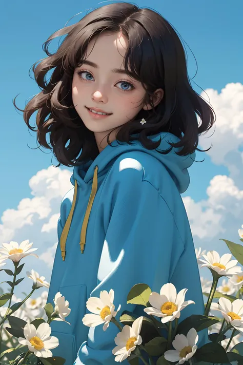 (masterpiece, best quality),1girl, solo,  outdoors, letterboxed, day, sky, looking at viewer, cloud, brown eyes, 
curly hair,gradient hair,hoodie,polka dot hoodie, flower_shop ,  upper body, blue sky, depth of field, light smile,