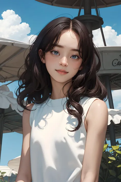 (masterpiece, best quality),1girl, solo, outdoors, letterboxed, day, sky, looking at viewer, cloud, brown eyes,
curly hair,colored inner hair,shirt,sleeveless shirt, carousel , upper body, blue sky, depth of field, light smile,