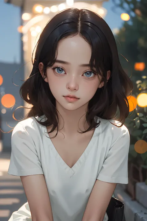(masterpiece, best quality), depth of field,1girl, finely detailed, high detail,High quality shadow,beautiful detailed,(bokeh:1.5),taken by Canon EOS, SIGMA Art Lens 35mm F1.4, ISO 200 Shutter Speed 2000 , back lighting,
solo, flower, outdoors, letterboxed, night, lamppost, sky, cloud, sunlight, upper body, blurry,blue sky, (high detailed skin, skin details)
medium breasts,looking at viewer, , long hair , short sleeves, parted lips, shirt , brown hair,