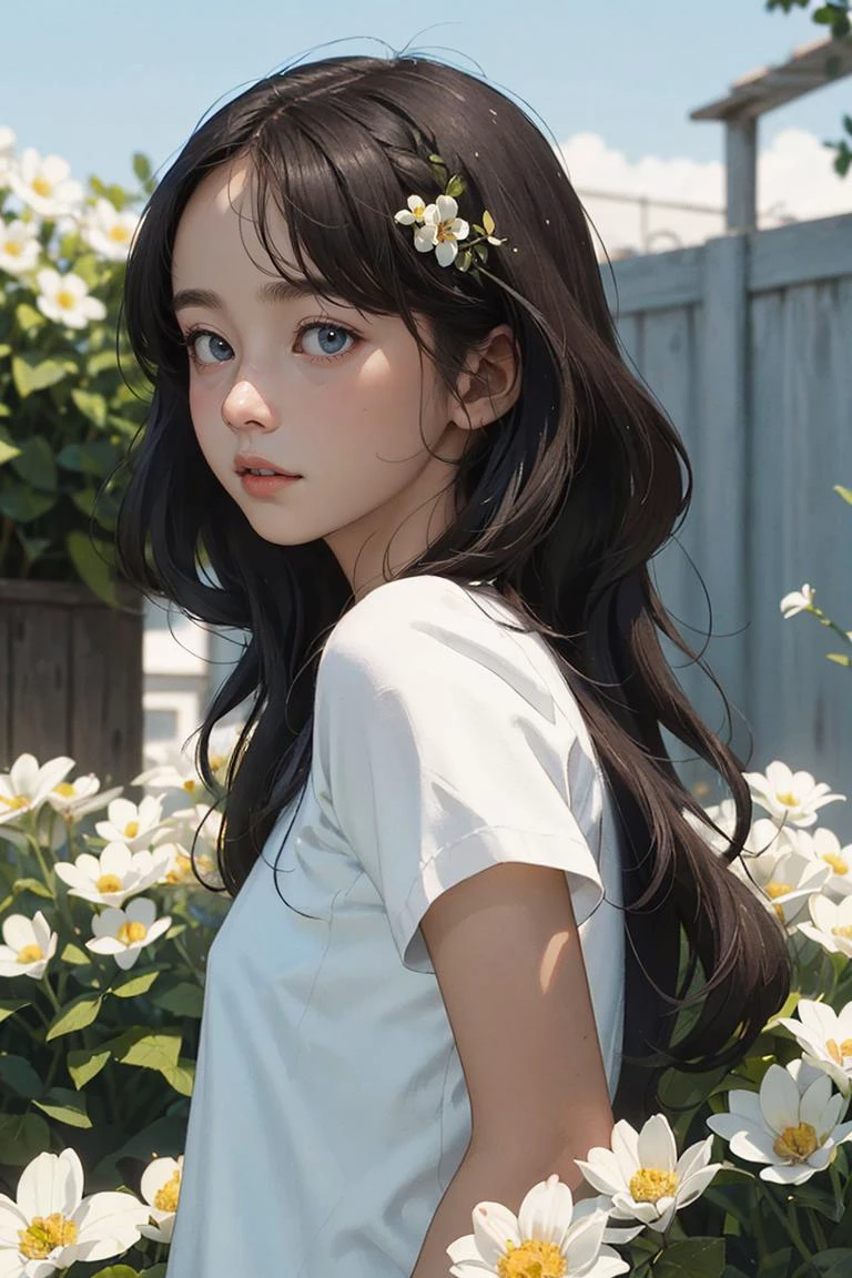 (masterpiece, best quality), depth of field,1girl, finely detailed, high detail,High quality shadow,beautiful detailed,(bokeh:1.5),taken by Canon EOS, SIGMA Art Lens 35mm F1.4, ISO 200 Shutter Speed 2000 , back lighting,
solo, flower, outdoors, letterboxed, day, sky, cloud, sunlight, white shirt, upper body, from side, blurry,blue sky, (high detailed skin, skin details)
medium breasts,looking at viewer, , long hair , short sleeves, parted lips, shirt , brown hair,