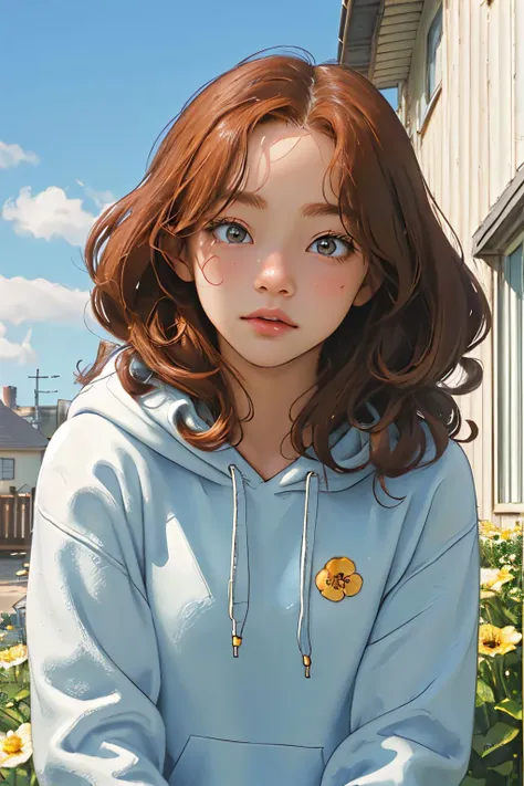 (masterpiece, best quality),1girl, ginger, solo,  outdoors, letterboxed, day, sky, looking at viewer, cloud, brown eyes,
curly hair,gradient hair,hoodie,polka dot hoodie, flower_shop ,  upper body, blue sky, depth of field,