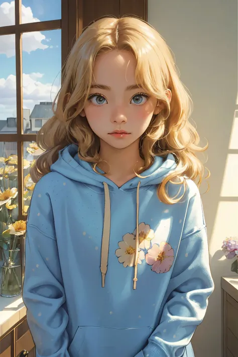 (masterpiece, best quality),1girl, blonde, solo,  indoors, letterboxed, day, sky, looking at viewer, cloud, brown eyes,
curly hair, gradient hair, hoodie, polka dot hoodie, flower_shop ,  upper body, blue sky, depth of field,