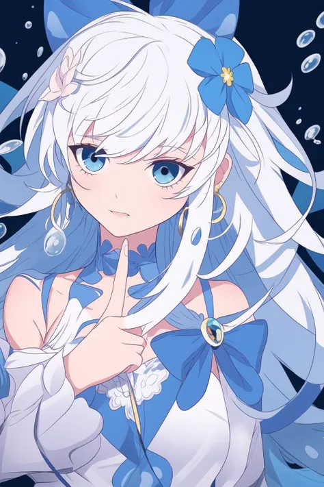 1girl, white hair, blue eye, black bow, bow, bubble, depth of field, earrings, flower, hair flower, hair ornament, index finger raised, jewelry, long hair, looking at viewer, solo, water drop <lora:SKStyle_cool_ou_4:1>