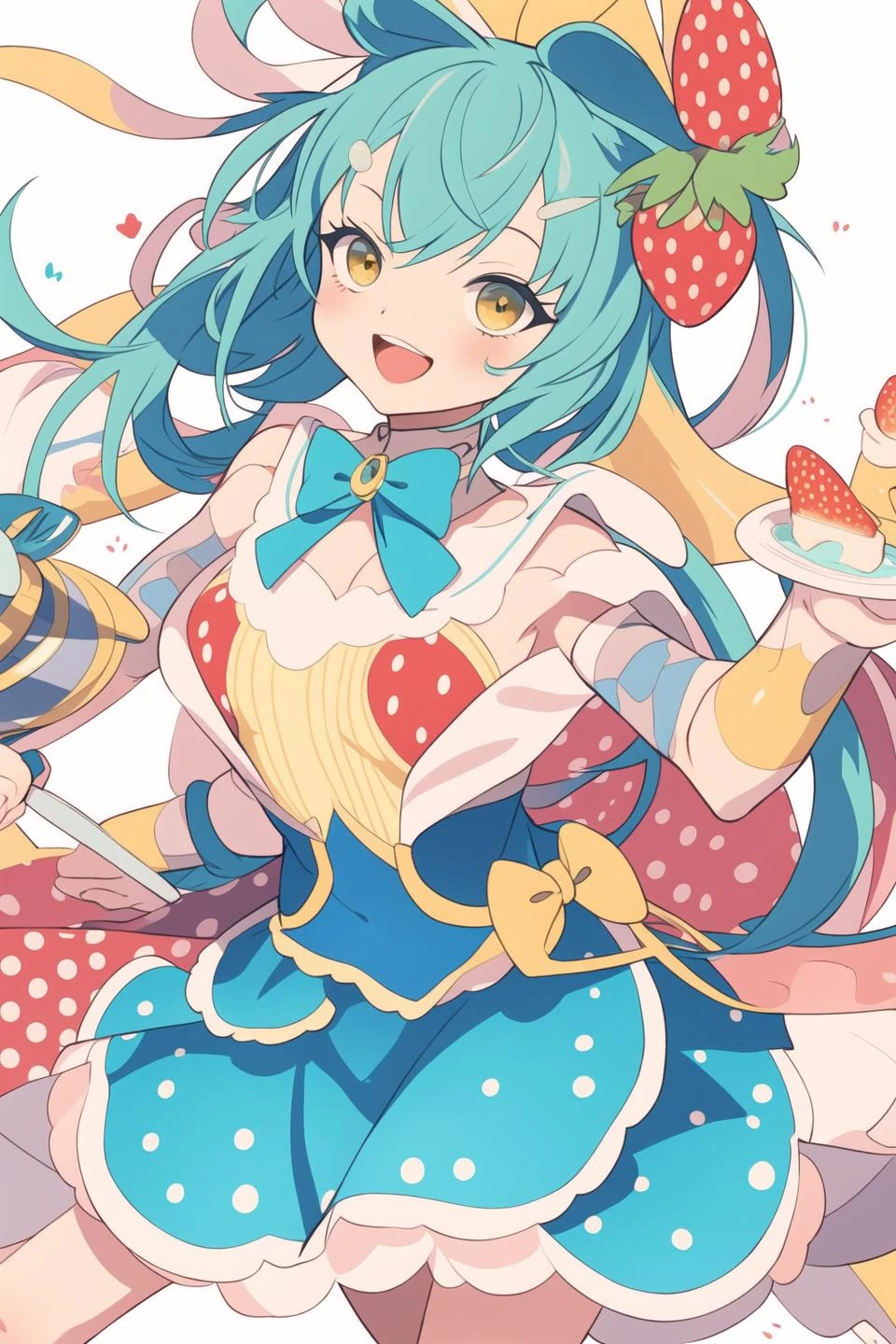 1girl, aqua hair, yellow eye, white bow, strawberry cake, holding fork, open mouth, polka dot skirt, smile, solo <lora:SKStyle_cool_ou_4:1>